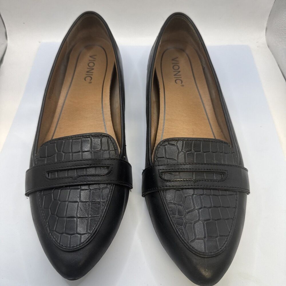 Vionic Savannah Snake Pointed Ballet Flats Black Leath w/Snakeskin Women's Sz 10